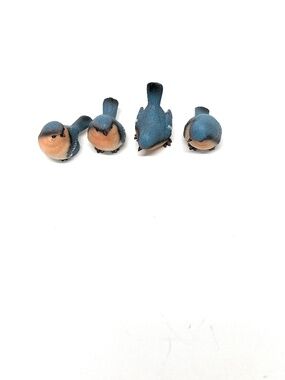 Set of 4 beautiful Blue and Peach colored small birds,  resin, hand painted
